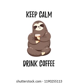 Cute vector illustration. Funny cartoon sloth drinking coffee