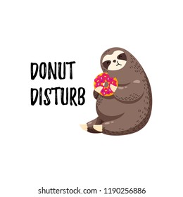 Cute vector illustration. Funny cartoon sloth eating a donut