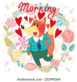 Cute vector illustration of funny cartoon fox in love with heart and wreath "Morning!".