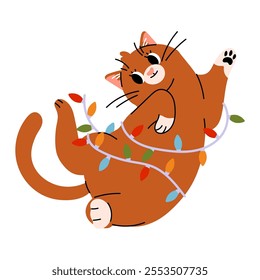 Cute vector illustration of a funny cat playing with Christmas garland in Groovy style. Flat vector illustration isolated on white background. Holly jolly vibes in trendy  cartoon style. Hand drawn