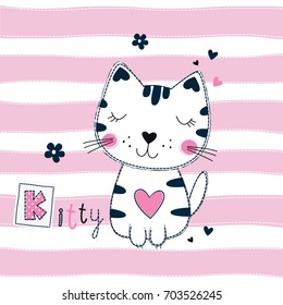 Cute vector illustration with funny cat over striped pink background for kids design