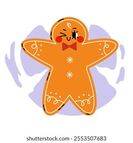 Cute vector illustration of a funny Christmas gingerbread making snow angel Groovy style. Flat vector illustration isolated on white background. Holly jolly vibes in trendy  cartoon style. Hand drawn