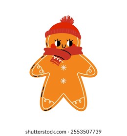 Cute vector illustration of a funny Christmas gingerbread in Groovy style. Flat vector illustration isolated on white background. Holly jolly vibes in trendy  cartoon style. Hand drawn