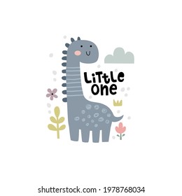 cute vector illustration of funny dinosaur and hand lettering little one text, clipart for kids, perfect for childen related products