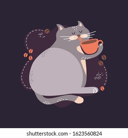 Cute vector illustration of a funny fat cat sitting and drinking hot coffee from an orange mug. Grey kitten with dots and stripes. Cute character in trendy flat style  on dark background. 