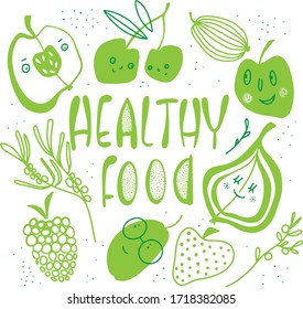 Cute vector illustration with funny green fruits characters, on a white background