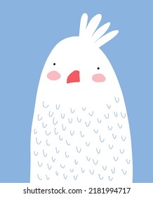 Cute Vector Illustration with Funny Hand Drawn White  Cockatoo Isolated on a Light Blue Background. Sweet Nursery Art with White Parrot ideal for Card, Wall Art, Poster, Decoration. Lovely Bird.