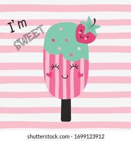 Cute vector illustration with funny ice cream and strawberry