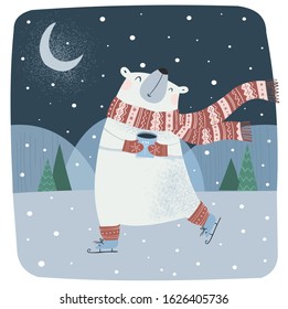 Cute vector illustration of a funny northern polar bear with a scarf on skates and with coffee in the winter at the north pole. Children's drawing for New Year and Christmas card or background.
