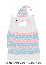 Cute Vector Illustration with Funny Polar Bear Wearing Warm Hat with a Pompom and Blue-pink Sweater. Lovely Nursery Art with Teddy Bear Isolated on a White Background. Winter Illustration for Card.