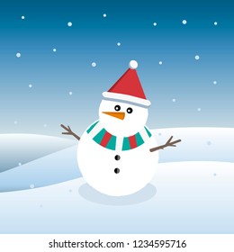Cute vector illustration of a funny snowman in a Christmas cap on a background of falling snow.