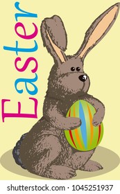 Cute vector illustration of a furry and fluffy brown Easter Bunny holding an Easter Egg with it's paws.