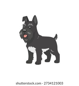 Cute vector illustration of a Giant Schnauzer dog standing and facing forward. The dog is drawn in a friendly cartoon style with a strong body, cropped ears, bushy beard and eyebrows, and a playful expression. This illustration represents Giant Schnauzer breed, working dogs, guard dogs, domestic pets, and canine companions. Isolated on a white background, suitable for dog breed guides, pet care content, educational materials, branding, children illustrations, stickers, and animal-themed designs.