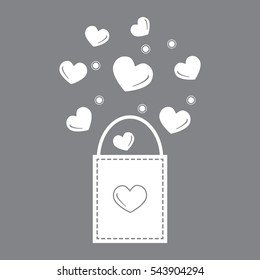 Cute vector illustration of gift bag with hearts. Design for banner, flyer, poster or print. Greeting card Valentine's Day.