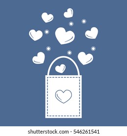 Cute vector illustration of gift bag with hearts. Design for banner, flyer, poster or print. Greeting card Valentine's Day.