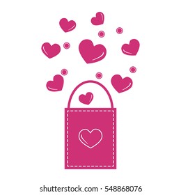 Cute vector illustration of gift bag with hearts. Design for banner, flyer, poster or print. Greeting card Valentine's Day.
