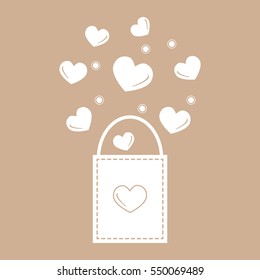 Cute vector illustration of gift bag with hearts. Design for banner, flyer, poster or print. Greeting card Valentine's Day.