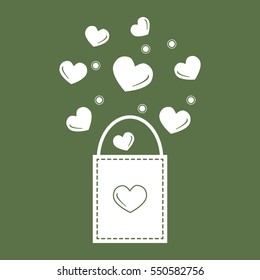 Cute vector illustration of gift bag with hearts. Design for banner, flyer, poster or print. Greeting card Valentine's Day.