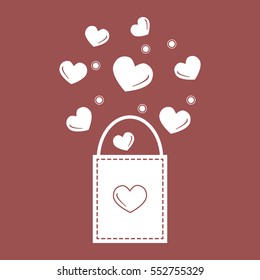 Cute vector illustration of gift bag with hearts. Design for banner, flyer, poster or print. Greeting card Valentine's Day.