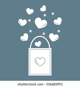 Cute vector illustration of gift bag with hearts. Design for banner, flyer, poster or print. Greeting card Valentine's Day.