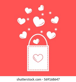 Cute vector illustration of gift bag with hearts. Design for banner, flyer, poster or print. Greeting card Valentine's Day.