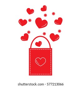 Cute vector illustration of gift bag with hearts. Design for banner, flyer, poster or print. Greeting card Valentine's Day.
