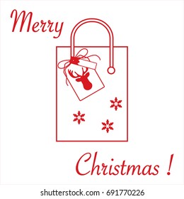 Cute vector illustration: gift bag with snowflakes and tag with a deer. Christmas sale and shopping concept. Design for postcard, banner, poster or print.
