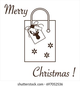 Cute vector illustration: gift bag with snowflakes and tag with a deer. Christmas sale and shopping concept. Design for postcard, banner, poster or print.