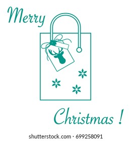 Cute vector illustration: gift bag with snowflakes and tag with a deer. Christmas sale and shopping concept. Design for postcard, banner, poster or print.