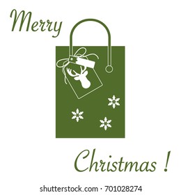 Cute vector illustration: gift bag with snowflakes and tag with a deer. Christmas sale and shopping concept. Design for postcard, banner, poster or print.