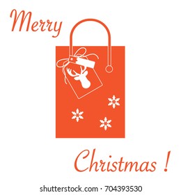 Cute vector illustration: gift bag with snowflakes and tag with a deer. Christmas sale and shopping concept. Design for postcard, banner, poster or print.