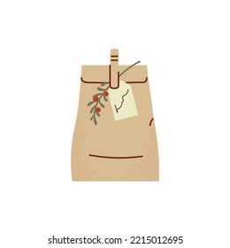 Cute vector illustration of gift or present in craft paper bag with leaves and berries. Isolated on white Background.