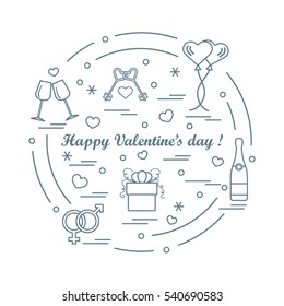 Cute vector illustration: gifts, balloons, stemware, keys, gender symbols, bottle with hearts and snowflakes arranged in a circle. Design for banner, flyer, poster or print.