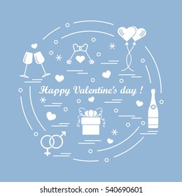 Cute vector illustration: gifts, balloons, stemware, keys, gender symbols, bottle with hearts and snowflakes arranged in a circle. Design for banner, flyer, poster or print.