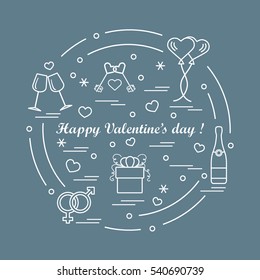 Cute vector illustration: gifts, balloons, stemware, keys, gender symbols, bottle with hearts and snowflakes arranged in a circle. Design for banner, flyer, poster or print.