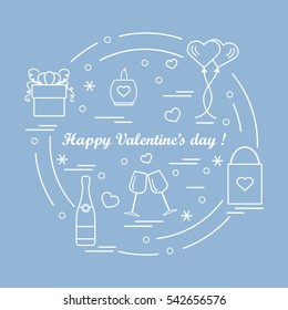 Cute vector illustration: gifts, balloons, stemware, candle, bag, bottle with hearts and snowflakes arranged in a circle. Design for banner, flyer, poster or print.