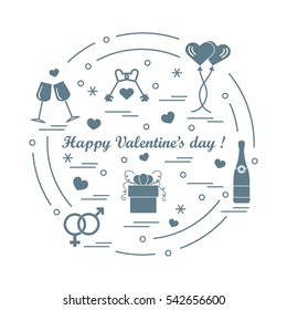 Cute vector illustration: gifts, balloons, stemware, keys, gender symbols, bottle with hearts and snowflakes arranged in a circle. Design for banner, flyer, poster or print.