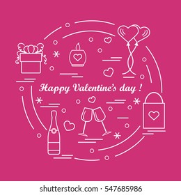 Cute vector illustration: gifts, balloons, stemware, candle, bag, bottle with hearts and snowflakes arranged in a circle. Design for banner, flyer, poster or print.