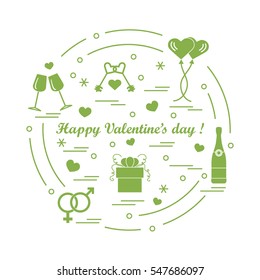 Cute vector illustration: gifts, balloons, stemware, keys, gender symbols, bottle with hearts and snowflakes arranged in a circle. Design for banner, flyer, poster or print.