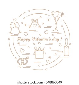 Cute vector illustration: gifts, balloons, stemware, keys, gender symbols, bottle with hearts and snowflakes arranged in a circle. Design for banner, flyer, poster or print.