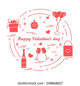 Cute vector illustration: gifts, balloons, stemware, candle, bag, bottle with hearts and snowflakes arranged in a circle. Design for banner, flyer, poster or print.