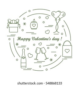 Cute vector illustration: gifts, balloons, stemware, candle, bag, bottle with hearts and snowflakes arranged in a circle. Design for banner, flyer, poster or print.