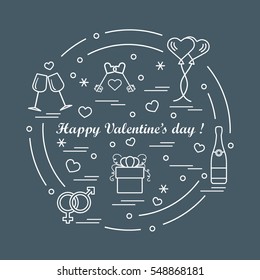 Cute vector illustration: gifts, balloons, stemware, keys, gender symbols, bottle with hearts and snowflakes arranged in a circle. Design for banner, flyer, poster or print.