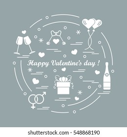 Cute vector illustration: gifts, balloons, stemware, keys, gender symbols, bottle with hearts and snowflakes arranged in a circle. Design for banner, flyer, poster or print.