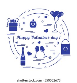 Cute vector illustration: gifts, balloons, stemware, candle, bag, bottle with hearts and snowflakes arranged in a circle. Design for banner, flyer, poster or print.