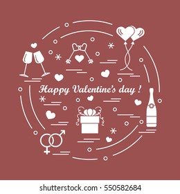 Cute vector illustration: gifts, balloons, stemware, keys, gender symbols, bottle with hearts and snowflakes arranged in a circle. Design for banner, flyer, poster or print.