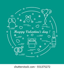 Cute vector illustration: gifts, balloons, stemware, keys, gender symbols, bottle with hearts and snowflakes arranged in a circle. Design for banner, flyer, poster or print.