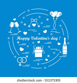 Cute vector illustration: gifts, balloons, stemware, keys, gender symbols, bottle with hearts and snowflakes arranged in a circle. Design for banner, flyer, poster or print.