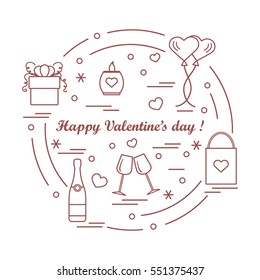 Cute vector illustration: gifts, balloons, stemware, candle, bag, bottle with hearts and snowflakes arranged in a circle. Design for banner, flyer, poster or print.