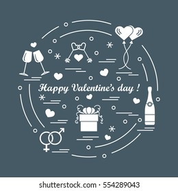 Cute vector illustration: gifts, balloons, stemware, keys, gender symbols, bottle with hearts and snowflakes arranged in a circle. Design for banner, flyer, poster or print.